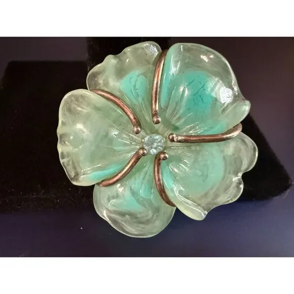 Vintage Aqua Lucite Flower Brooch – Mid-Century Costume Jewelry - Picture 1 of 3